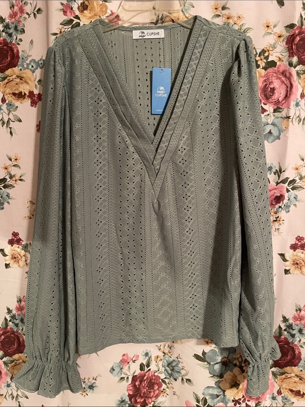 Cupshe Sage Green Eyelet V-Neck Long Sleeve Blouse